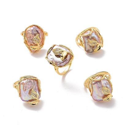 Perle naturelle avec bague feuille de zircone cubique, bijoux en fil de laiton plaqué or pour femme, sans cadmium et sans plomb