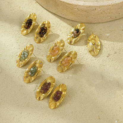 Овальные серьги-гвоздики из нержавеющей стали, реальный 18 k позолоченный, с природными драгоценными камнями