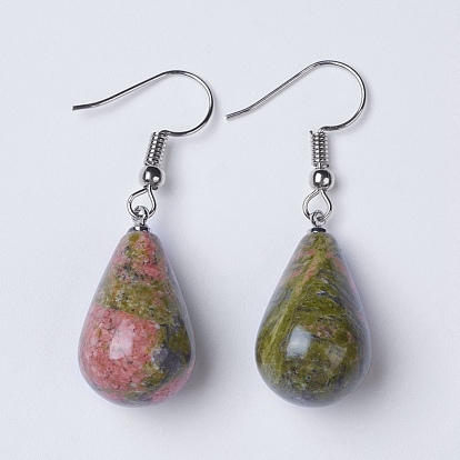 Natural Gemstone Dangle Earrings, with Brass Findings, Drop
