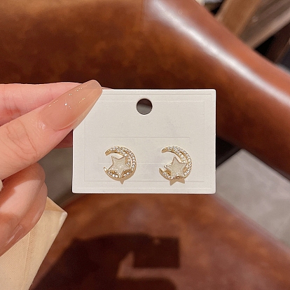 Enamel Moon & Star Stud Earrings with Clear Cubic Zirconia, Brass Earrings with 925 Sterling Silver Pins for Women