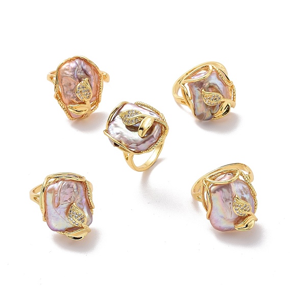 Perle naturelle avec bague feuille de zircone cubique, bijoux en fil de laiton plaqué or pour femme, sans cadmium et sans plomb