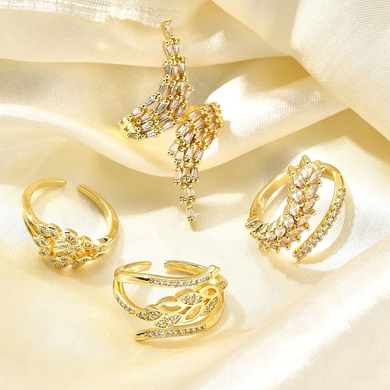 Кольца-манжеты для пальцев с покрытием из латуни с микропаве из прозрачного кубического циркония для женщин, долговечный, лист