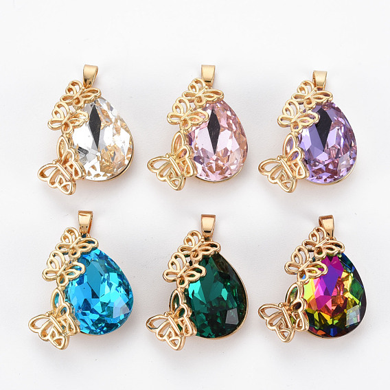 Glass Pendants, with Light Gold Tone Brass Findings, Long-Lasting Plated, Faceted, Teardrop
