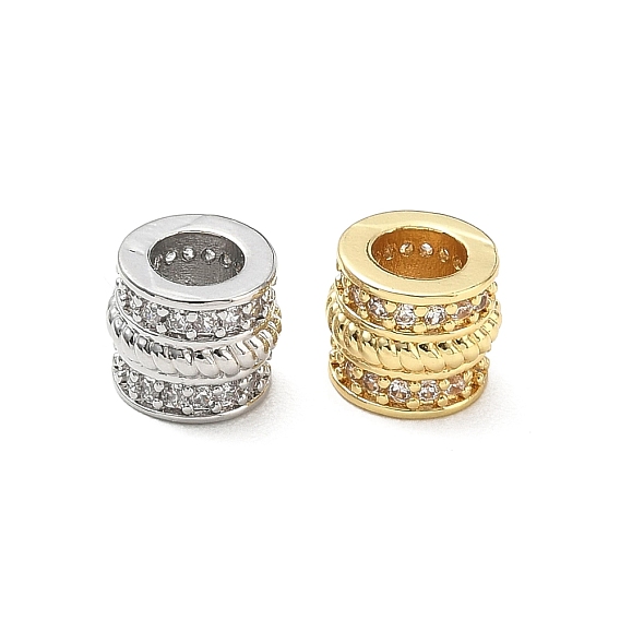 Micropave de latón transparente cubic zirconia cuentas europeas, abalorios de grande agujero, columna con cuerda retorcida, chapado en rack, larga duración plateado, sin plomo y el cadmio