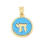 Dyed Synthetic Turquoise Pendants, Brass Flat Round with Chai Symbol Bezeled Charms, Rack Plating, Long-Lasting Plated, Lead Free & Cadmium Free