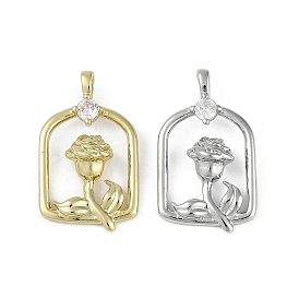 Brass Micro Pave Cubic Zirconia Pendants, Cage with Rose