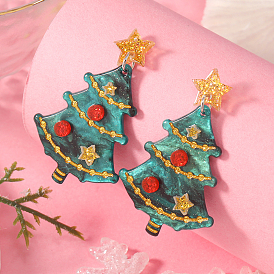 Resin Christmas Tree Stud Earrings, Cute Unique Design Festive Ear Jewelry Collection, Platinum