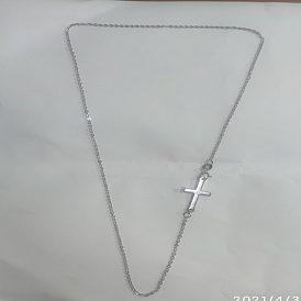 304 Stainless Steel Sideways Cross Pendant Necklaces, with Sterling Silver Cable Chains and Spring Ring Clasps