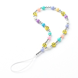 Opaque Acrylic Beads Mobile Straps, with ABS Plastic Beads and Nylon Thread, Smiling Face