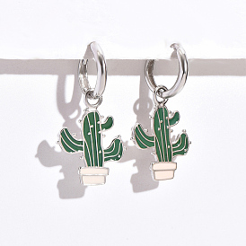 Pendientes de aro colgantes de cactus esmaltados en plata de ley 925 de moda para playa de verano, regalo de vacaciones para mujer