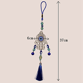 Alloy & Lampwork Hamsa Hand with Evil Eye Hanging Ornament, with Tassel for Car Rear View Mirror Decoration