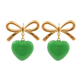 Heart Resin Stud Earrings, Ion Plating(IP) 304 Stainless Steel Earrings for Women, Green