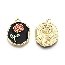 Rack Plating Alloy Enamel Pendants, Cadmium Free & Nickel Free & Lead Free, Light Gold, Oval Charm with Rose