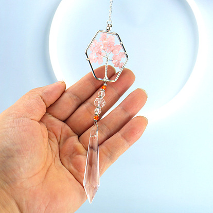 Crystals Hanging Pendants Decoration, with Natural Rose Quartz Chips and Alloy Findings, for Home, Garden Decoration
