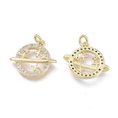 Brass Micro Pave Cubic Zirconia Charms, with Jump Rings, Planet