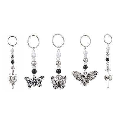 Alloy Enamel Pendant Keychain, with Iron Split Key Rings and Acrylic Beads, Butterfly/Moth/Sword/Heart with Skull