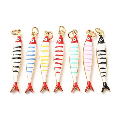 Brass with Enamel Pendants, Fish with Stripe Charms, Rack Plating, Long-Lasting Plated, Lead Free & Cadmium Free, Real 18K Gold Plated