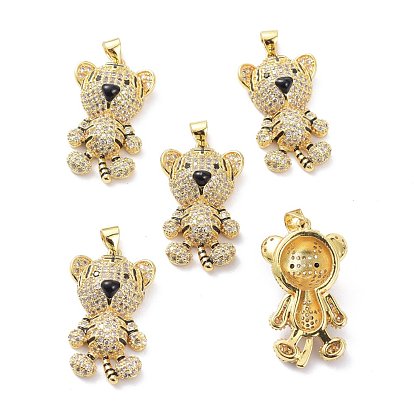 Brass Micro Pave Clear Cubic Zirconia Pendants, wiith Enamel, Long-Lasting Plated, Tiger
