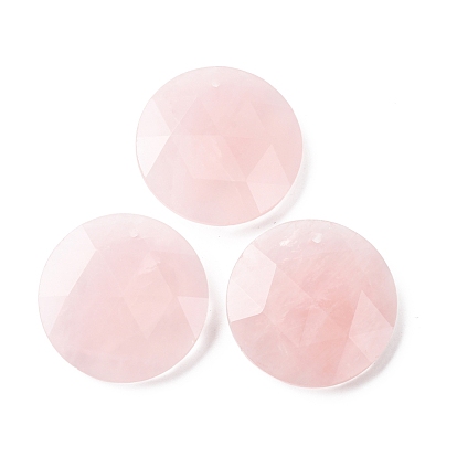Natural Rose Quartz Pendants, Faceted Flat Round Charms