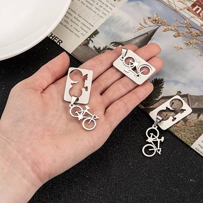 201 Stainless Steel Split Pendants, Rectangle with Bicycle, 32x21x1.5mm, Hole: 4x9mm