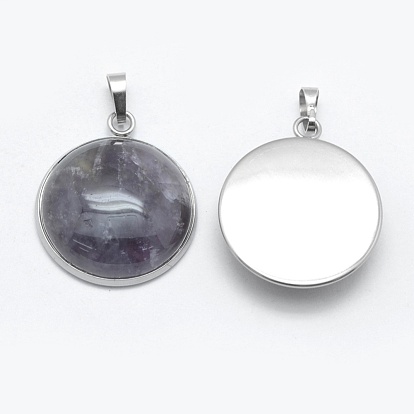 Gemstone Pendants, with 201 Stainless Steel Findings, Flat Round, Stainless Steel Color