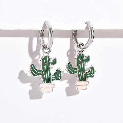 Pendientes de aro colgantes de cactus esmaltados en plata de ley 925 de moda para playa de verano, regalo de vacaciones para mujer
