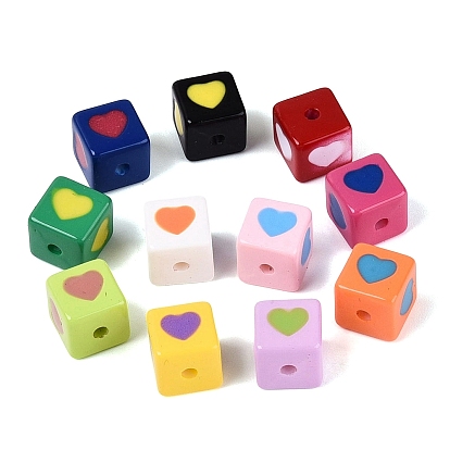 Двухцветные непрозрачные акриловые бусины, куб и сердце, с эмалью