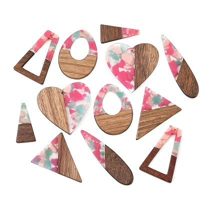 Walnut Wood & Transparent Resin Pendants, Mixed Shapes Charm