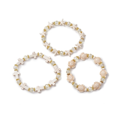 3шт 3 стили синтетические бирюзовые бусины эластичные браслеты, браслеты с морскими звездами, черепахами и крестами для женщин, с гальваническим стеклом и шариками из сплава