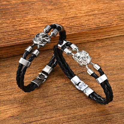 Bracelets en alliage à maillons éléphant tressés en imitation cuir 2 à plusieurs rangs, noir