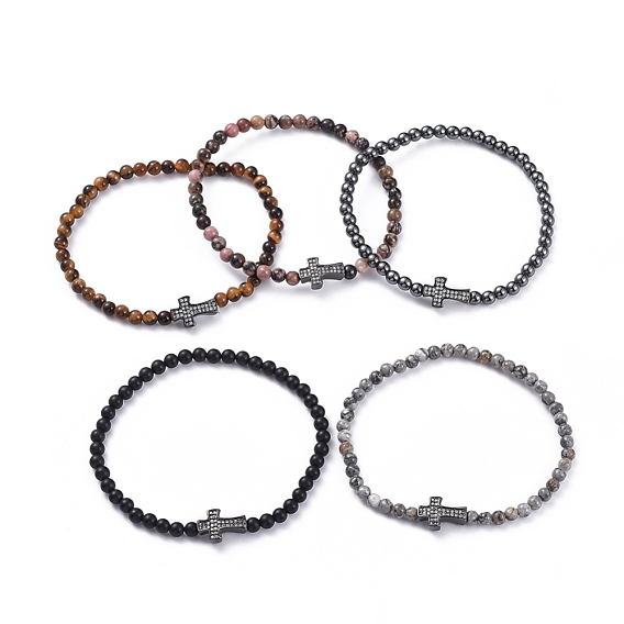 Stretch Bracelets, with Gemstone Round Beads and Brass Micro Pave Cubic Zirconia Beads, Elastic Crystal Thread, Cross