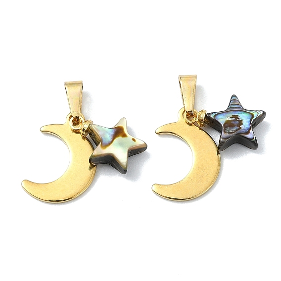 Natural Paua Shell Star Pendants, 304 Stainless Steel Moon Charms