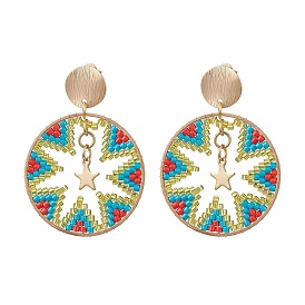 Glass Seed Bead Flat Round Dangle Stud Earrings for Women, with 304 Stainless Steel Star Charm