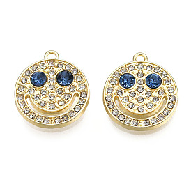 Rack Plating Alloy Pendants, with Crystal & Capri Blue Rhinestone, Cadmium Free & Nickel Free & Lead Free, Flat Round with Smiling Face