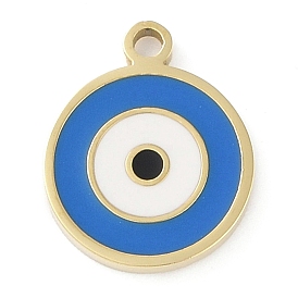 Ion Plating(IP) 304 Stainless Steel Enamel Charms, Manual Polishing, Flat Round with Evil Eye Charm, Real 18K Gold Plated