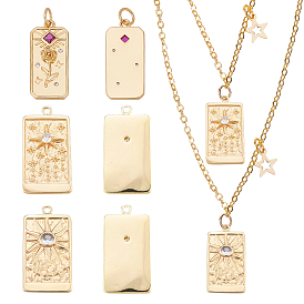 6Pcs 3 Style Embossed Brass Micro Pave Clear & Purple Cubic Zirconia Pendants, Long-Lasting Plated, Rectangle