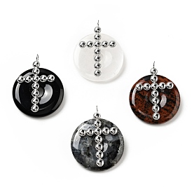 Natural Gemstone Pendants, with Stainless Steel Color Tone 304 Stainless Steel Findings, Religion Cross with Donut/Pi Disc Charm