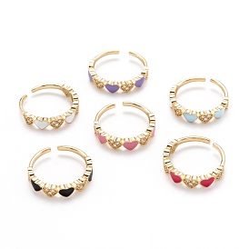 Brass Micro Pave Clear Cubic Zirconia Cuff Rings, Open Rings, with Enamel, Long-Lasting Plated, Heart, Golden