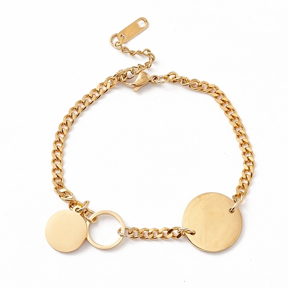 201 Stainless Steel Flat Round Charm Bracelet with Curb Chain for Women