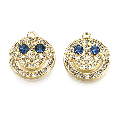 Crémaillère pendentifs en alliage placage, avec cristal et strass bleu capri, sans cadmium et sans nickel et sans plomb, plat rond avec un visage souriant