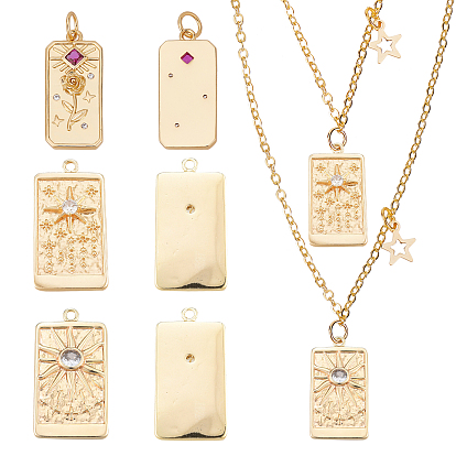6Pcs 3 Style Embossed Brass Micro Pave Clear & Purple Cubic Zirconia Pendants, Long-Lasting Plated, Rectangle