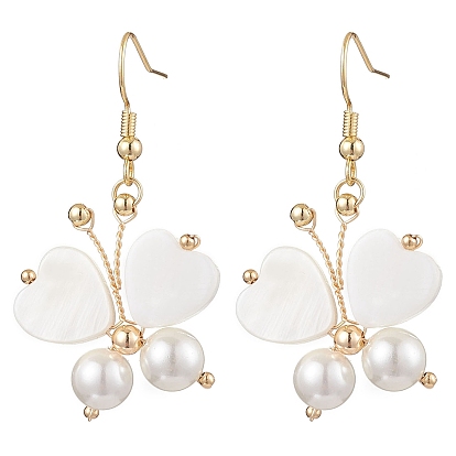 Латунь болтаться серьги, с ракушками и латунными бусинами, бабочка