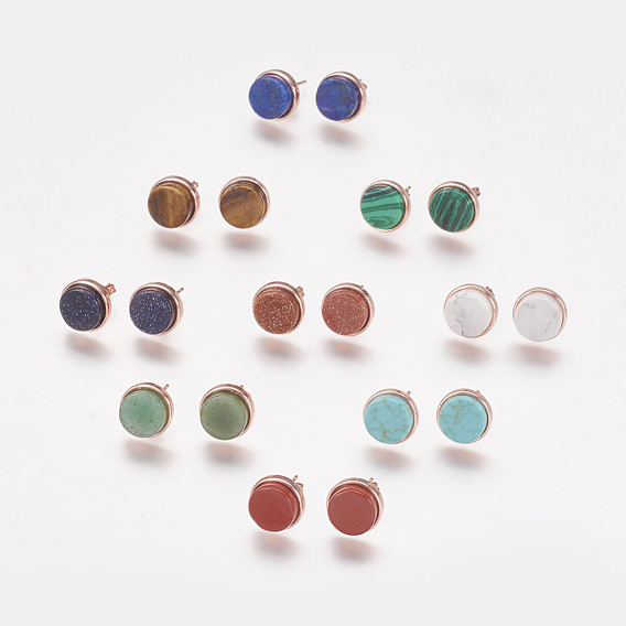 Gemstone Stud Earrings, with Brass Findings, Real Rose Gold Plated, Flat Round