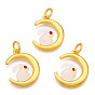 Glass Charms, with Alloy Findings and Rhinestone, Matte Gold Color, Moon with Rabbit