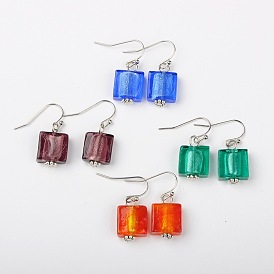 Pendientes de cristal de la hoja de plata hecho a mano, con los ganchos del pendiente de bronce, plaza, Platino, 28 mm, pin: 0.5