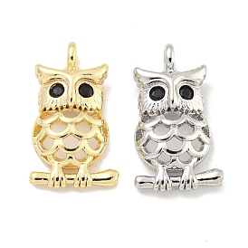 Brass Micro Pave Black Cubic Zirconia Pendants, Owl Charm