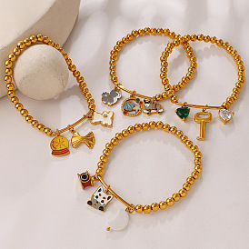 304 Runde, elastische Armbänder aus Edelstahl mit Emaille- und Strassanhängern für Damen, golden