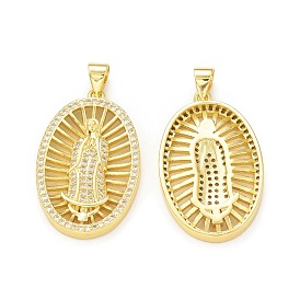 Rack Plating Brass Micro Pave Cubic Zirconia Pendants, Cadmium Free & Lead Free, Long-Lasting Plated, Real 18K Gold Plated, Oval with Religion Virgin Mary Pattern Charm