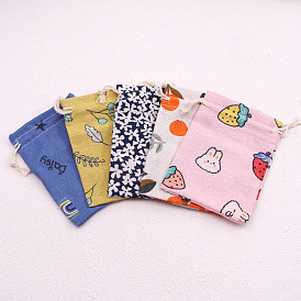 Printed Cotton Cloth Storage Pouches, Rectangle Drawstring Bags, for Candy Gift Bags