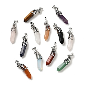 Natural & Synthetic Gemstone Pointed Big Pendants, Faceted Bullet Charm, with Platinum Tone Brass Wolf Findings, Cadmium Free & Lead Free, Mixed Dyed and Undyed